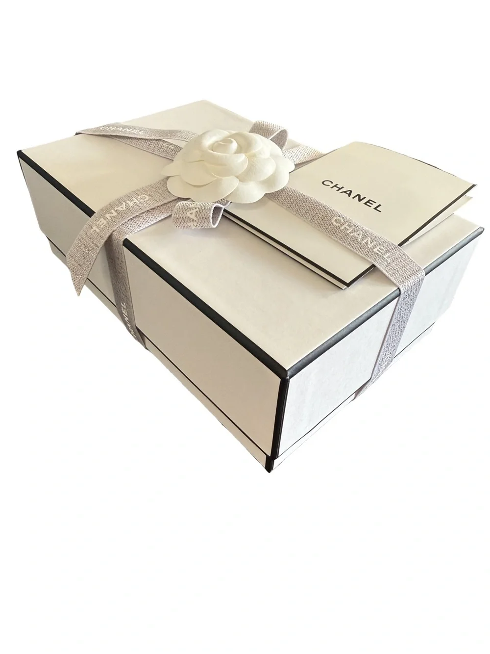 CHANEL White Camellia Floral Ribbon Accent with Silver-Gray Logo Ribbon